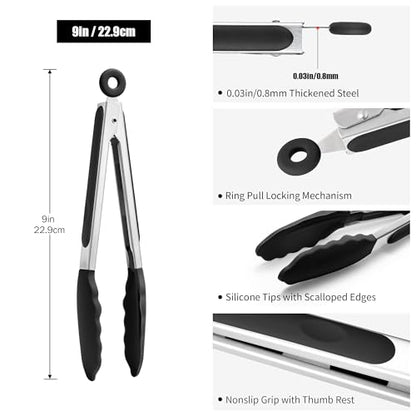 Doosu 9in Kitchen Tong for Cooking - 600°F Heat Resistant Food Tong with Non-Scratch Silicone Tips & 4-Piece Silicone Spatula Set Kitchen BPA Free Food Grade Baking Supplies Cooking Tools (Black)