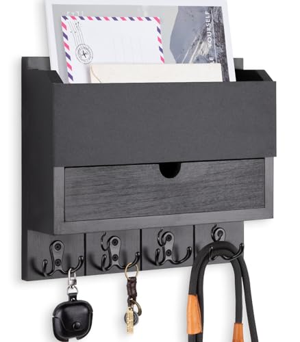 Mail and Key Holder Wall Mount with Storage Drawer & Chalkboard Panel | Modern Wooden Mail Organizer for Wall Entryway, 7 key hooks, Stylish Home Decor for Apartments, Living Room, Office - color: Black