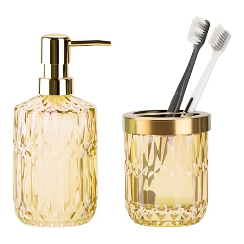 RRM Glass Bathroom Toothbrush Holder and Soap Dispenser Set,Clear Gold | 2 Piece Bathroom Accessories Set for Modern Bathroom Decor and Housewarming Gift - color: Clear Gold