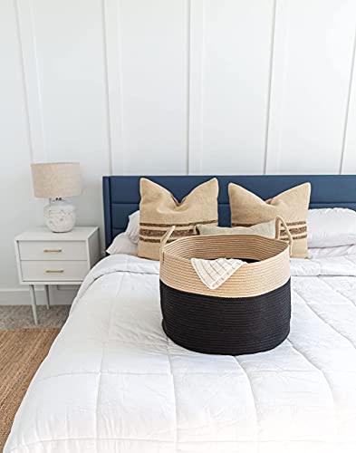 OrganiHaus Round Toy Basket & Blanket Basket, Cotton Rope 20x13" | Black / Honey - Round Cotton Rope Basket, 20x13" - color: Black / Honey, size: Wide