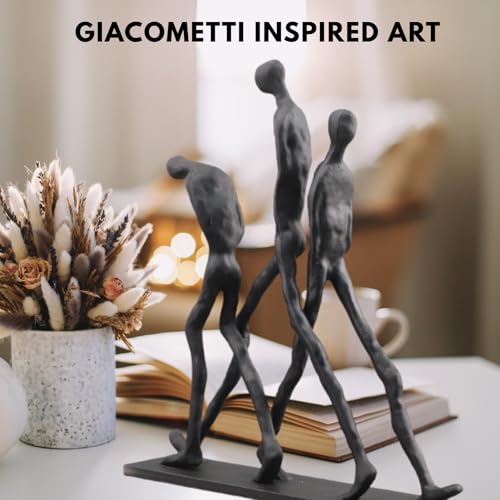 Abstract Three Figures Sculpture Cast Iron – Giacometti Style Walking Trio Statue, Modern Art Home Decor, Minimalist Human Figure Figurine for Living Room Office Shelf – Friendship Brotherhood Gift - style: Three walking man