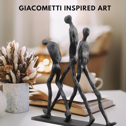 Abstract Three Figures Sculpture Cast Iron – Giacometti Style Walking Trio Statue, Modern Art Home Decor, Minimalist Human Figure Figurine for Living Room Office Shelf – Friendship Brotherhood Gift - style: Three walking man