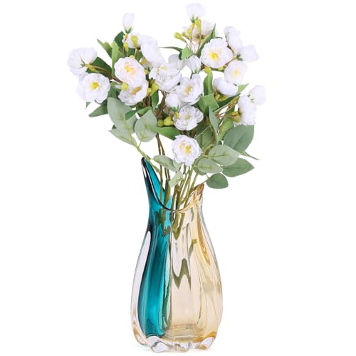 Hand Blown Glass Vase, Medium Wide Mouth Flower Vase Unique Modern Turquoise Glass Art Decor, Nonbreakable Vases for Table Centerpieces Living Room Decorative Amber and Teal Vase - size: Medium