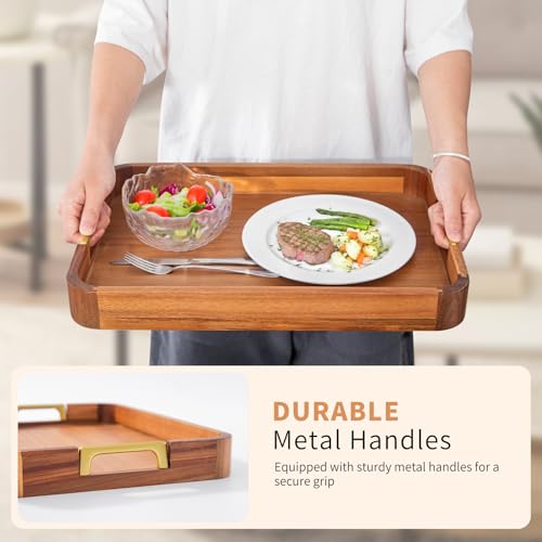 Acacia Wood Serving Tray with Metal Handles, 17x12in Food Drinks Tray for Coffee Table, Breakfast, Dinner & Bar, Rustic Decorative Storage Tray for Ottoman, Kitchen, Parties
