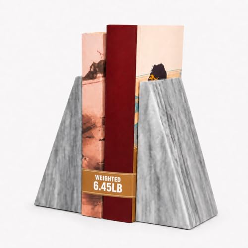 Bey-Berk Harold Carrera Marble Bookends (Grey, Set of 2), 4" x 2.5" x 6" Wedge Book Ends, 6.45 lb Solid Stone Desk and Shelf Decor - color: Gray