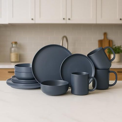 12-Piece Stoneware Dinnerware Set with Mugs | Microwave and Dishwasher Friendly | Stackable Matte Glaze Plates & Bowls | Service for 3 (Blue for 3) - color: Blue for 3