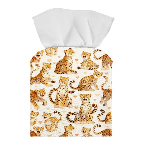 Tissue Box Cover Square, PU Leather Tissue Box Holder for Bathroom, Living Room & Office Desk, Cute Cheetah Seamless Pattern with Hearts, Decorative Modern Tissue Box Cover - color: Cute Cheetah Seamless Pattern With Hearts
