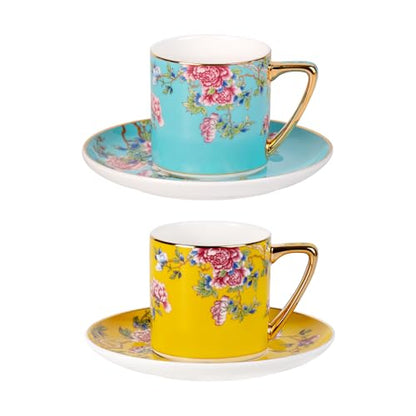 KAMMAK Tea Cup and Saucer, Ceramic Coffee Cups, 7.5 oz, Set of 2 | Porcelain Tea Cups with Saucers for Coffee and Cappuccino, Ideal for Breakfast, Afternoon Tea and Entertaining,633+634N - style: 633N+634N