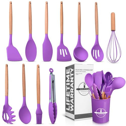 12 Pcs Purple Kitchen Accessories Set with Holder, Silicone Heads | Purple Kitchen Utensils Set for Cooking and Baking; Wooden Handles; Heat-Resistant up to 446°F; Non-Scratch for Nonstick Pans - color: Purple