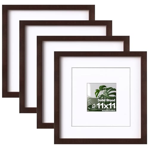 Egofine 11x11 Picture Frames 4 Pack Covered by Plexiglass, Display Pictures 8x8 with Mat or 11x11 Without Mat Made of Solid Wood for Table Top Display and Wall Mounting Photo Frame, Walnut Color - color: Walnut Brown, size: 11x11