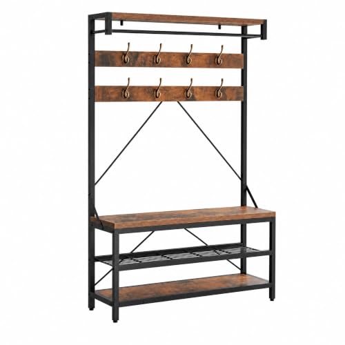 Hall Tree with Bench and Shoe Storage, Entryway Bench with Coat Rack, 3-in-1 Mudroom Organizer with 8 Hooks, Freestanding Industrial Storage Rack for Hallway, Rustic Brown - color: Rustic Brown