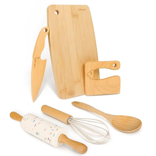 LUOLAO Wooden Kids Safe Knife and Toddler Baking Set for Real Cooking 6 PCS | Montessori Toddler Kitchen Tools, Cooking Cutting Board Set, Gift for kids, Safe & Effective, Teaching Real Kitchen Skills