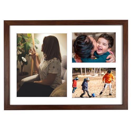 Golden State Art 12x17 Brown Wood Picture Frame for 8x10 and 5x7 Photos | 3 Opening Picture Frame,White Mat included,Real Glass, Sawtooth Hanger - Wall Mounting - Great for Posters, Weddings(1 Pack) - color: Brown&White Mat-1P, size: 1 8x10 And 2 5x7