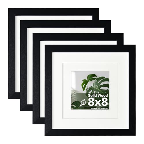 Egofine 8x8 Picture Frame 4PCS, Made of Solid Wood Covered by Plexiglass Display 4x4/6x6 with Mat or 8x8 without Mat, for Table Top Display and Wall Mounting Photo Frame, Black with Texture - color: Black with Texture, size: 8x8