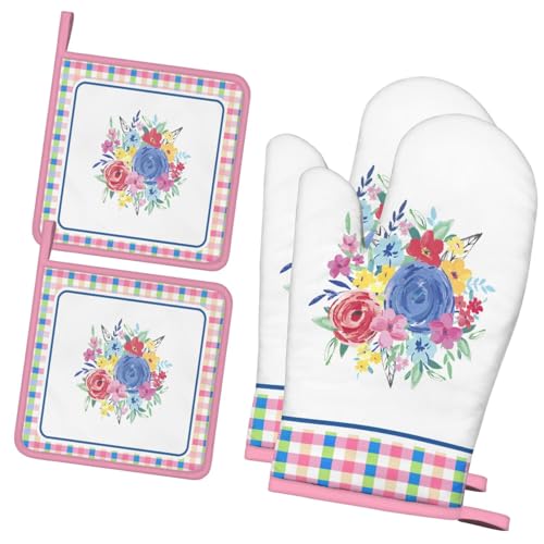 4 PCS Cotton Oven Mitts and Pot Holders Sets,Pioneer Flower Oven Gloves Heat Resistant Colorful Kitchen Mitts Hot Pads,Kitchen Decor for Women Cooking Baking Grilling BBQ (Colorful Trellis Flower) - color: Colorful Trellis Flower