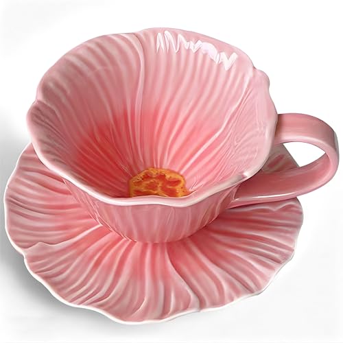 10 oz Tea Cups and Saucers, Ceramic Flower-shaped Cappuccino Cup, Latte Cup and Saucer set, elegant floral Espresso Cup set, Suitable for microwave and dishwasher-Pink - color: Pink