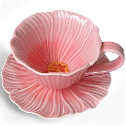 10 oz Tea Cups and Saucers, Ceramic Flower-shaped Cappuccino Cup, Latte Cup and Saucer set, elegant floral Espresso Cup set, Suitable for microwave and dishwasher-Pink - color: Pink