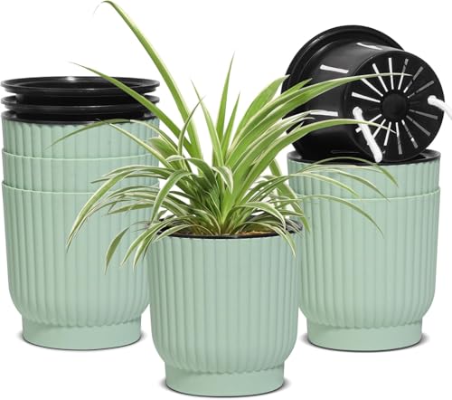 T4U Self Watering Pots for Indoor Plants, 4.5 Inch 6 Pack Planter Green | African violet succulent herbs, Small desk windowsill, Bottom feed reservoir, Easy care maintenance - color: Seafoam Green, size: 4.5 Inch