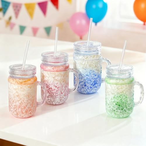 Lily's Home Old Fashioned Glasses with Lids Straws and Handles, 16 oz Set of 4 – Clear Acrylic Tumbler Cups with Color Accents, Reusable Party Drinkware for BBQ, Poolside, Outdoor Events & Home Bar - style: With Lids and Straws