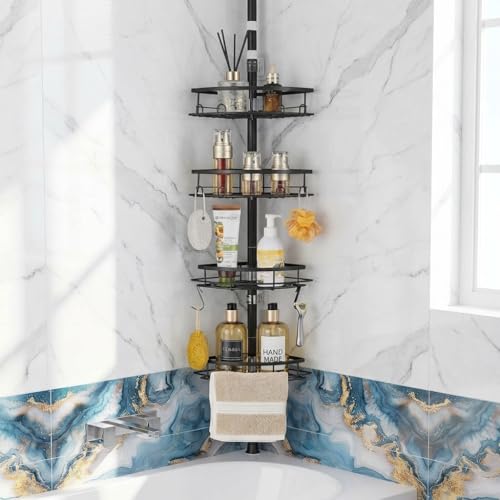 DUFU Corner Shower Caddy Tension Pole, Black | Shower Tension Rod Organizer, 4-Tier Adjustable, Floor to Ceiling, 33-127inch, No Drilling - color: Black