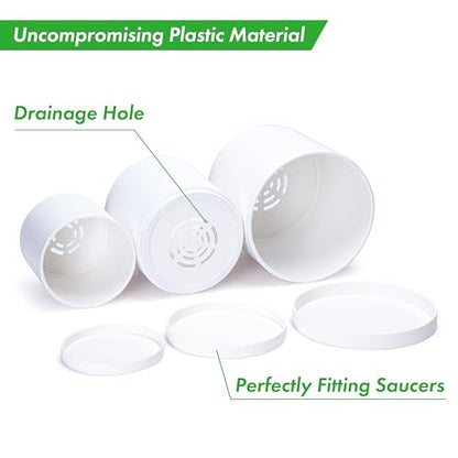 D'vine Dev 3-Pack Plastic Pots & Saucers, 4/5/6 in, White, 74-V-A-1 | Multi-Size Options, Lightweight Durable, Matte Finish, Cylinder Shape, Drainage Holes, Sleek Design, Detachable Saucer - color: Matte White, size: Small