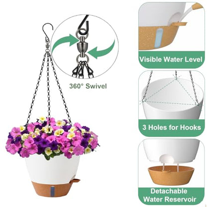 Heybe 3 Pack Self Watering Hanging Planters with Swivel Hanging Chains 20 Inches, 10/9/8 Inch Pots for Indoor Outdoor Plants, White - size: 3 Pack Pot with 20 inch Chains