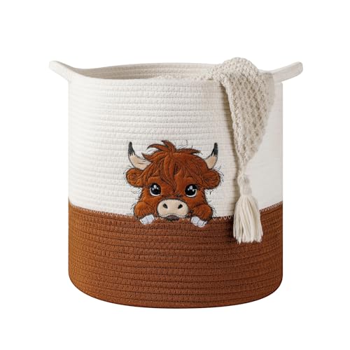 Large Blanket Baskets for Living Room, Highland Cow Storage Baskets for Toys Organizer Woven Cotton Rope Basket for Kids, Clothes Hamper with Embroidery Highland Cow Decor for Nursery Laundry - color: Cow, size: Large