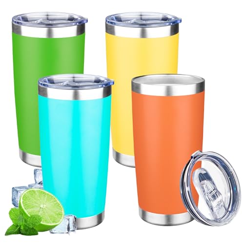 20oz Tumbler with Lid Double Wall Vacuum Insulated Travel Coffee Mug Stainless Steel Thermal Cup Powder Coated Sturdy Coffee Tumbler Bulk for Hot and Cold Beverages (Green-Teal-Orange-Yellow,4) - color: Green-Teal-Orange-Yellow, size: 20 Ounces (4 Pack)