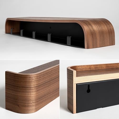 Kazai. Wall-Mounted Coat Rack 'Toke' - Modern Design Coat Rack with Hidden Wall Hooks - Solid Wood Veneer Panel Coat Hanger - Walnut - color: Walnut, size: 5 Hooks