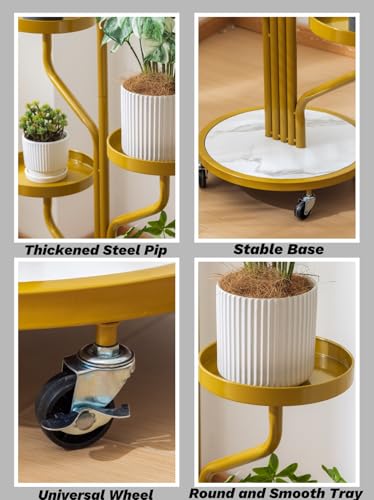 CHPHI 5 Tier Indoor Plant Stand Wrought Iron, Tall Metal Plant Stand with Wheels, Metal Rolling Plant Shelf with 5 Trays, Multi-tier Rolling Display Stand for Home and Office(Gold)