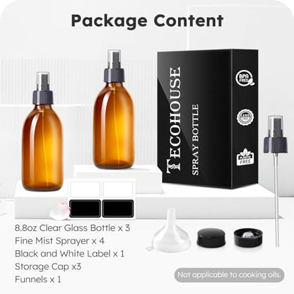Tecohouse 8.8 oz Amber Glass Spray Bottles 3 Pack Empty Spray Bottle | Leakproof, Thick Glass, Non-Slip Base, Glass Bottles for Cleaning Solutions, Plants, Hair with Durable Nozzle, Labels, Funnel