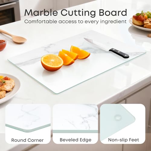 Murrey Home Glass Cutting Board for Kitchen Counter, Tempered Glass Chopping Boards Dishwasher Safe, Small Clear Countertop Tray, Scratch Resistant, Heat Resistant, Non Toxic, White Marble, 12"x8" - color: Textured White Marble, size: 11.8"L x 7.9"W