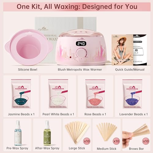 Lifestance Waxing Kit for Women & Men - L3 Blush Metropolis Digital Warmer, Silicone Wax Pot Liner, Hair Removal with 14.1oz Hard Wax Beads & Oil Spray, Professional for Home Brazilian Bikini Face Leg - color: Chic Enhanced LCD (Blush Metropolis) Kit