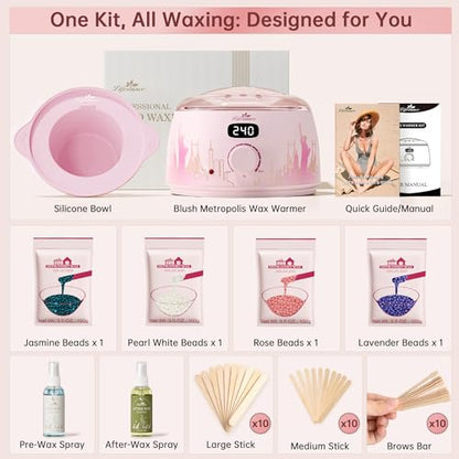 Lifestance Waxing Kit for Women & Men - L3 Blush Metropolis Digital Warmer, Silicone Wax Pot Liner, Hair Removal with 14.1oz Hard Wax Beads & Oil Spray, Professional for Home Brazilian Bikini Face Leg - color: Chic Enhanced LCD (Blush Metropolis) Kit