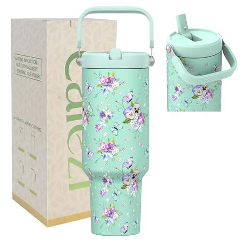 40 oz Insulated Tumbler with Top Handle and Flip Straw | Vacuum Insulated Stainless Steel Cup with Leak-Proof Lid, Sweat-Free, Fits Cup Holder, Keeps Ice Cold up to 30 Hours - color: Butterfly-Light Green, size: 40 Ounces