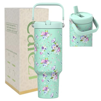 40 oz Insulated Tumbler with Top Handle and Flip Straw | Vacuum Insulated Stainless Steel Cup with Leak-Proof Lid, Sweat-Free, Fits Cup Holder, Keeps Ice Cold up to 30 Hours - color: Butterfly-Light Green, size: 40 Ounces