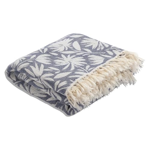Flower Organic Cotton Turkish Throw Blanket, Muslin - Navy | Thin, Soft, Lightweight, Breathable Gauze Weave, Blue and White Reversible Floral Print, for Sofa, Chair, Couch, 65" x 65" - color: Navy Whimsy