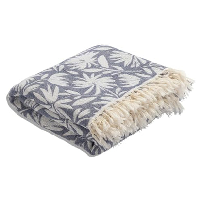 Flower Organic Cotton Turkish Throw Blanket, Muslin - Navy | Thin, Soft, Lightweight, Breathable Gauze Weave, Blue and White Reversible Floral Print, for Sofa, Chair, Couch, 65" x 65" - color: Navy Whimsy