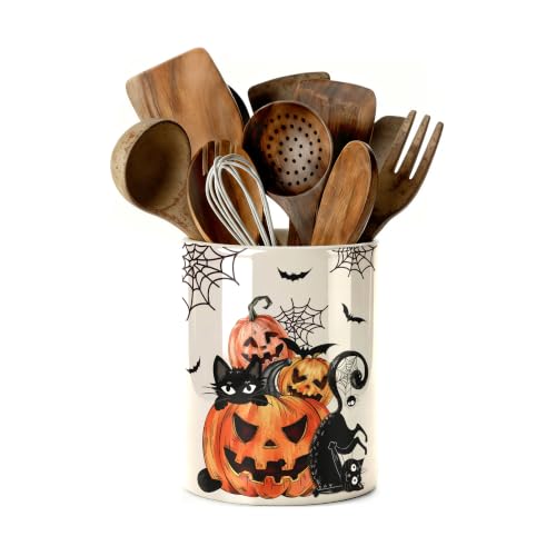 Halloween Utensil Holder, Spooky Ceramic Kitchen Utensil Holder, Utensil Crock for Home Kitchen Countertop Storage Organizer Container, Large Holder for Spatulas, Spoons, Kitchen Counter Decor, 6"