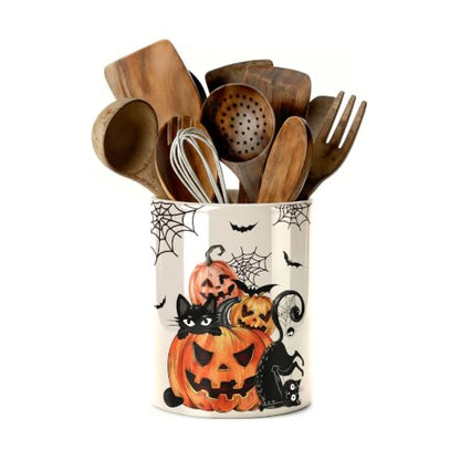 Halloween Utensil Holder, Spooky Ceramic Kitchen Utensil Holder, Utensil Crock for Home Kitchen Countertop Storage Organizer Container, Large Holder for Spatulas, Spoons, Kitchen Counter Decor, 6"