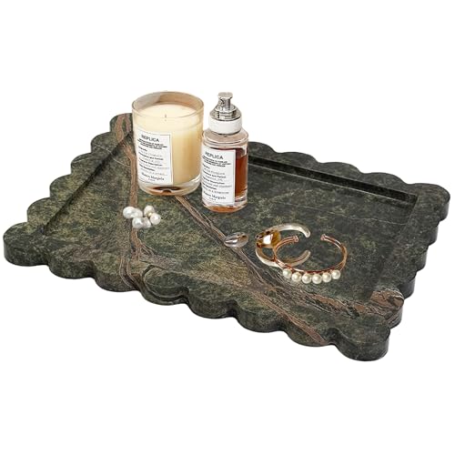 Scalloped Marble Tray,Marble Vanity Trays for Bathroom 12" x 9", Scalloped Tray,Wave Appearance Jewelry Home Decor Stone Trays for Kitchen Counter, Bathroom, Rainforest Green - color: Rainforest Green