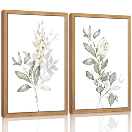 Framed Sage Green Botanical Wall Art Set of 3, Neutral Watercolor Eucalyptus Leaf White Floral Picture Wall Decor, Minimalist Nature Plant Canvas Prints for Bedroom Living Room Bathroom-12x16 Inch - color: Eucalyptus Branches, size: 16L" x 12W"
