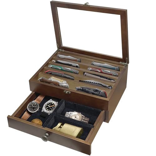 Montex Knife Display Case Wood, 2 Tier Pocket Knife Organizer Box with Drawers Clear Acrylic Lid, Lockable Storage Collection Case for Knives, Walnut - color: Walnut, size: 2 Layer