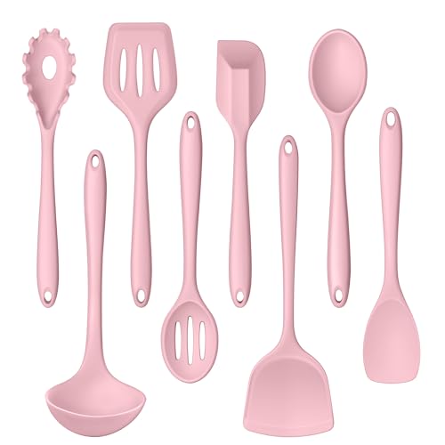 LIANYU Pink Silicone Cooking Utensils Set of 8, Non-Toxic Kitchen Utensils | Include Spatulas Spoons, Heat Resistant Non-Scratch Kitchen Tool, Healthy & Dishwasher Safe - color: Pink