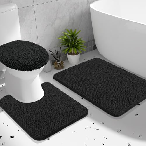 OLANLY Bathroom Rugs Sets 3 piece, Soft Absorbent Chenille Bath Mat, U-Shaped Contour Toilet Mat and Toilet Lid Cover, Quick Dry, Machine Washable, Toilet Cover and Rug Set for Bathroom, Black - color: Black, size: 30" X 20" + U24" X 20" + 17.5" X 15"