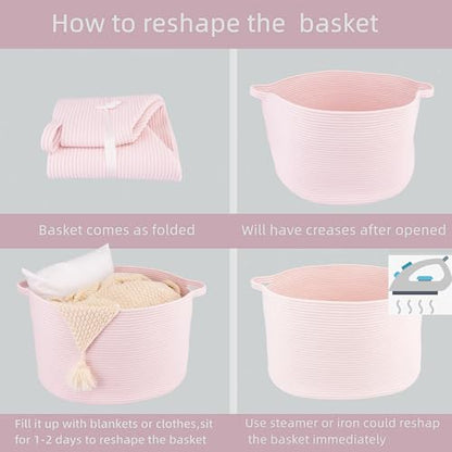 XUANGUO Extra Large Cotton Rope Round Storage Basket 22" x 14" Pink | Woven basket for blankets, toys, towels, laundry, nursery, living room and pet toy storage. - color: pink