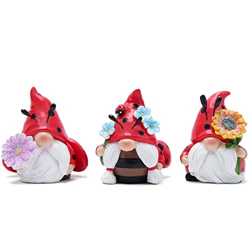 Hodao Spring Ladybug Gnome Decor Set of 3, Resin Floral Figurines for Tiered Tray Shelf Table Display, Cute Farmhouse Home Accent, Year Round Gift for Women, Friends and Family - style: Ladybug Gnome