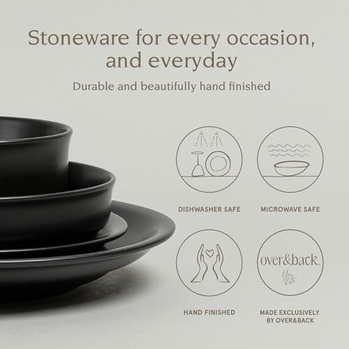 over&back Rim Dinnerware Set - Stoneware Dishes - Comes with 4 Dinner Plates, Salad Plates, Cereal Bowls, and Dinner Bowls - 16-Piece All-Occasion Place Settings - Serves Four - Semi-Matte Black - color: Black, size: Dinner Set | 16 Pieces