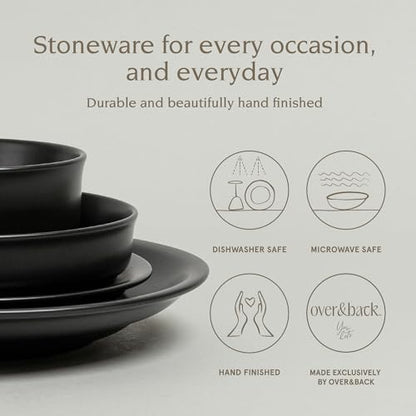 over&back Rim Dinnerware Set - Stoneware Dishes - Comes with 4 Dinner Plates, Salad Plates, Cereal Bowls, and Dinner Bowls - 16-Piece All-Occasion Place Settings - Serves Four - Semi-Matte Black - color: Black, size: Dinner Set | 16 Pieces
