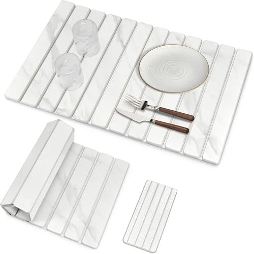 Large Stone Dish Drying Mat for Kitchen Counter, Quick Dry Dish Drying Mats, Foldable Absorbent Diatomaceous Earth Mats for Dishes Bottles Cup, Match Any Countertop (White Marble 28"×16" & 8"x4") - color: White Marble, size: 28" x 16"